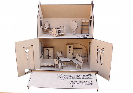 ЗгТв112-01-0000 Заготовка для творчества "Кукольный домик" с мебелью (дл.37см;шир.21см;выс.47см)МДФ- фото, картинки