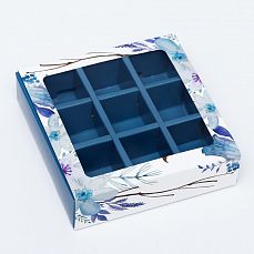 Коробка под 9 конфет с обечайкой " Голубые цветы " с окном 14,5 х 14,5 х 3,5 см 6775923 фото