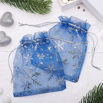 Мешочек новогодний "Снежинки" WF-601, 10*12см, цвет синий с серебром 3503561       фото, картинки